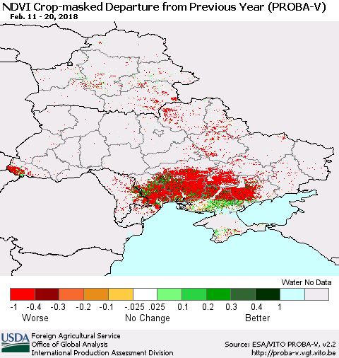 Ukraine, Moldova and Belarus NDVI Crop-masked Departure from Previous Year (PROBA-V) Thematic Map For 2/11/2018 - 2/20/2018