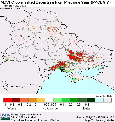Ukraine, Moldova and Belarus NDVI Crop-masked Departure from Previous Year (PROBA-V) Thematic Map For 2/21/2018 - 2/28/2018