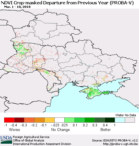 Ukraine, Moldova and Belarus NDVI Crop-masked Departure from Previous Year (PROBA-V) Thematic Map For 3/1/2018 - 3/10/2018