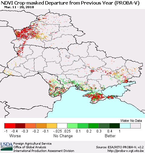 Ukraine, Moldova and Belarus NDVI Crop-masked Departure from Previous Year (PROBA-V) Thematic Map For 3/11/2018 - 3/20/2018