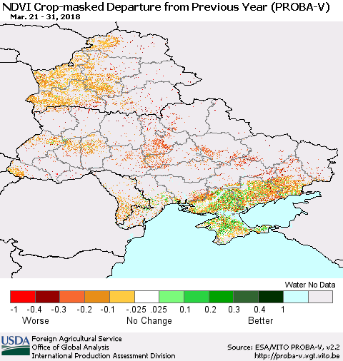 Ukraine, Moldova and Belarus NDVI Crop-masked Departure from Previous Year (PROBA-V) Thematic Map For 3/21/2018 - 3/31/2018