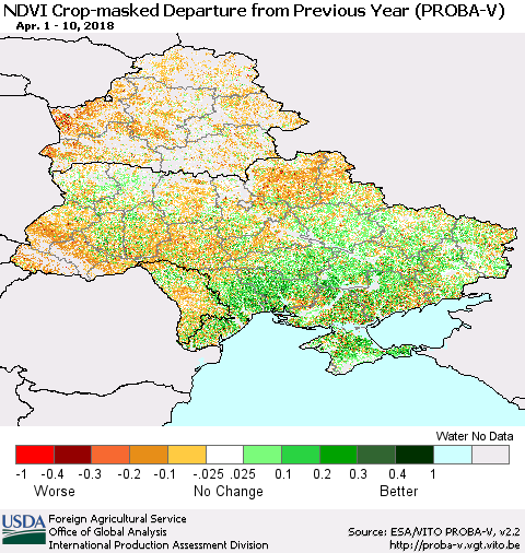 Ukraine, Moldova and Belarus NDVI Crop-masked Departure from Previous Year (PROBA-V) Thematic Map For 4/1/2018 - 4/10/2018