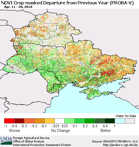 Ukraine, Moldova and Belarus NDVI Crop-masked Departure from Previous Year (PROBA-V) Thematic Map For 4/11/2018 - 4/20/2018