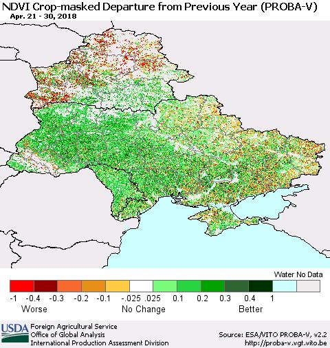 Ukraine, Moldova and Belarus NDVI Crop-masked Departure from Previous Year (PROBA-V) Thematic Map For 4/21/2018 - 4/30/2018