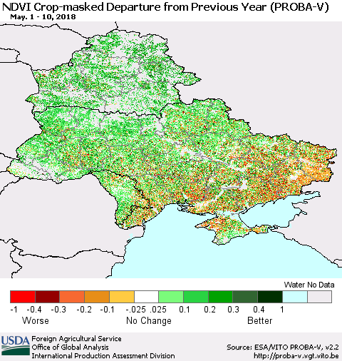 Ukraine, Moldova and Belarus NDVI Crop-masked Departure from Previous Year (PROBA-V) Thematic Map For 5/1/2018 - 5/10/2018