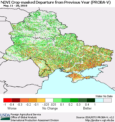 Ukraine, Moldova and Belarus NDVI Crop-masked Departure from Previous Year (PROBA-V) Thematic Map For 5/11/2018 - 5/20/2018