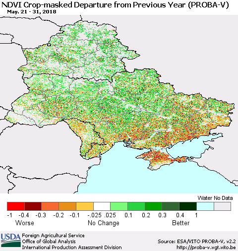 Ukraine, Moldova and Belarus NDVI Crop-masked Departure from Previous Year (PROBA-V) Thematic Map For 5/21/2018 - 5/31/2018