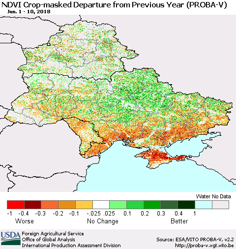 Ukraine, Moldova and Belarus NDVI Crop-masked Departure from Previous Year (PROBA-V) Thematic Map For 6/1/2018 - 6/10/2018
