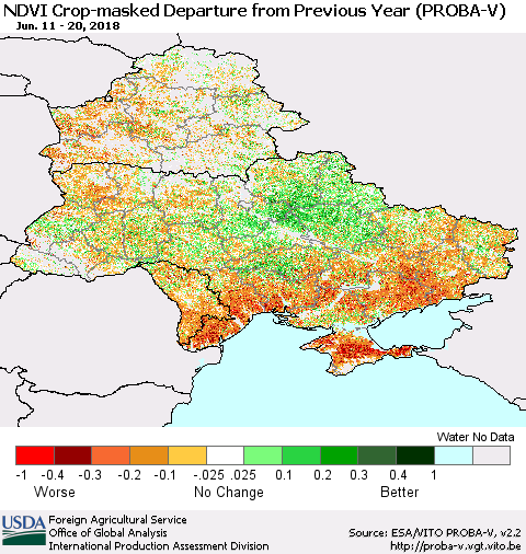 Ukraine, Moldova and Belarus NDVI Crop-masked Departure from Previous Year (PROBA-V) Thematic Map For 6/11/2018 - 6/20/2018