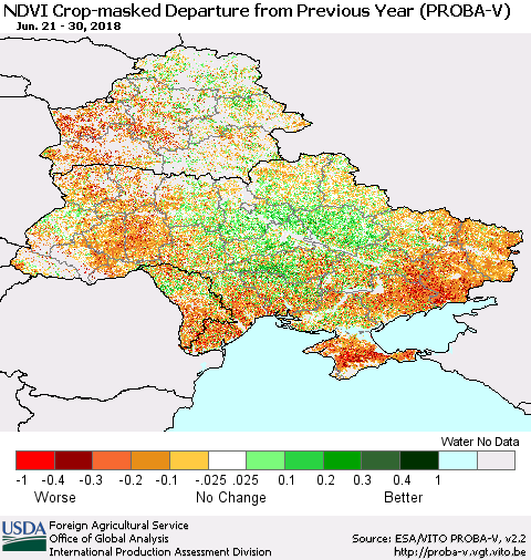 Ukraine, Moldova and Belarus NDVI Crop-masked Departure from Previous Year (PROBA-V) Thematic Map For 6/21/2018 - 6/30/2018