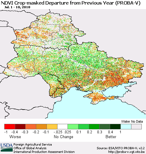 Ukraine, Moldova and Belarus NDVI Crop-masked Departure from Previous Year (PROBA-V) Thematic Map For 7/1/2018 - 7/10/2018