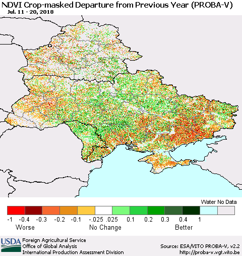 Ukraine, Moldova and Belarus NDVI Crop-masked Departure from Previous Year (PROBA-V) Thematic Map For 7/11/2018 - 7/20/2018