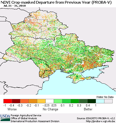 Ukraine, Moldova and Belarus NDVI Crop-masked Departure from Previous Year (PROBA-V) Thematic Map For 7/21/2018 - 7/31/2018
