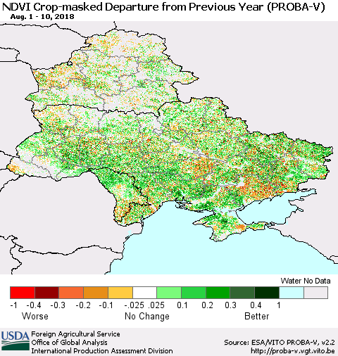 Ukraine, Moldova and Belarus NDVI Crop-masked Departure from Previous Year (PROBA-V) Thematic Map For 8/1/2018 - 8/10/2018