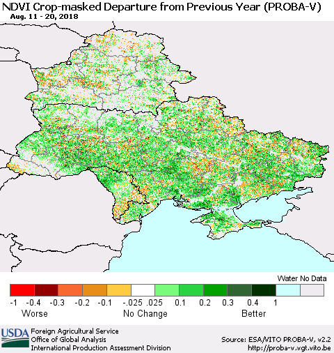 Ukraine, Moldova and Belarus NDVI Crop-masked Departure from Previous Year (PROBA-V) Thematic Map For 8/11/2018 - 8/20/2018