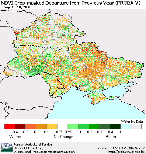 Ukraine, Moldova and Belarus NDVI Crop-masked Departure from Previous Year (PROBA-V) Thematic Map For 9/1/2018 - 9/10/2018