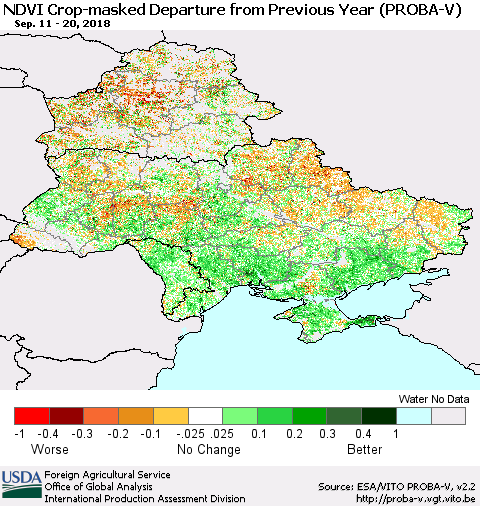 Ukraine, Moldova and Belarus NDVI Crop-masked Departure from Previous Year (PROBA-V) Thematic Map For 9/11/2018 - 9/20/2018