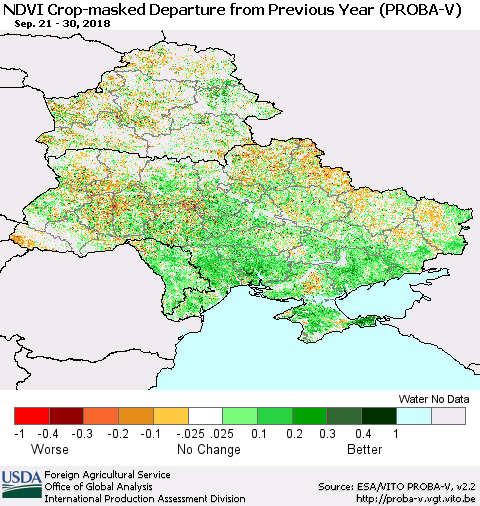 Ukraine, Moldova and Belarus NDVI Crop-masked Departure from Previous Year (PROBA-V) Thematic Map For 9/21/2018 - 9/30/2018