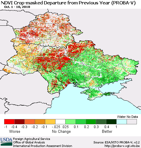 Ukraine, Moldova and Belarus NDVI Crop-masked Departure from Previous Year (PROBA-V) Thematic Map For 10/1/2018 - 10/10/2018