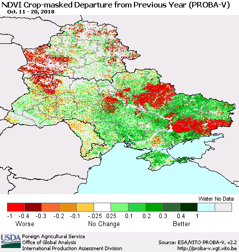 Ukraine, Moldova and Belarus NDVI Crop-masked Departure from Previous Year (PROBA-V) Thematic Map For 10/11/2018 - 10/20/2018