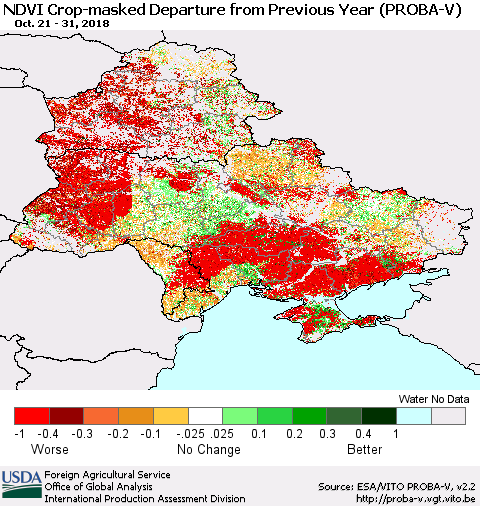 Ukraine, Moldova and Belarus NDVI Crop-masked Departure from Previous Year (PROBA-V) Thematic Map For 10/21/2018 - 10/31/2018