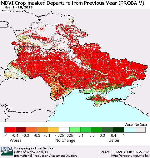 Ukraine, Moldova and Belarus NDVI Crop-masked Departure from Previous Year (PROBA-V) Thematic Map For 11/1/2018 - 11/10/2018