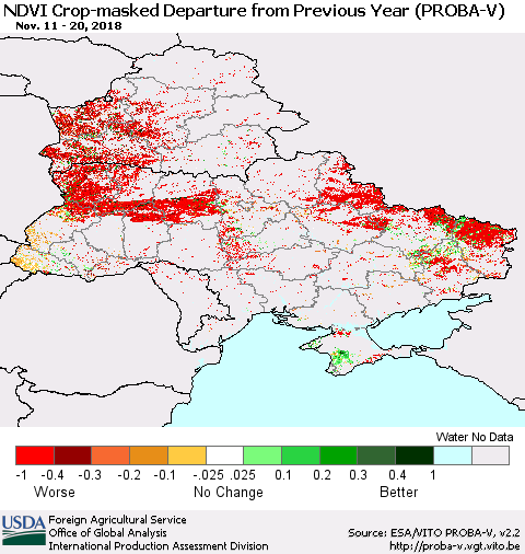 Ukraine, Moldova and Belarus NDVI Crop-masked Departure from Previous Year (PROBA-V) Thematic Map For 11/11/2018 - 11/20/2018