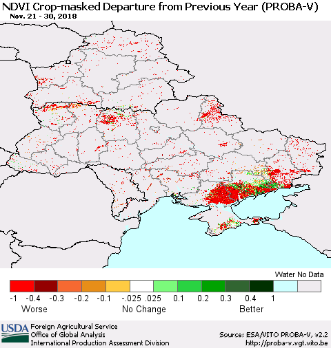 Ukraine, Moldova and Belarus NDVI Crop-masked Departure from Previous Year (PROBA-V) Thematic Map For 11/21/2018 - 11/30/2018
