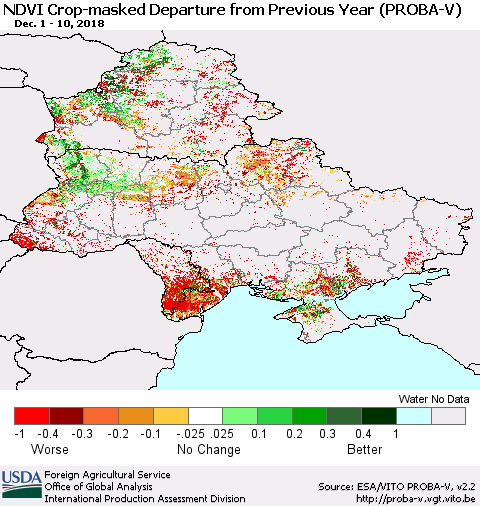 Ukraine, Moldova and Belarus NDVI Crop-masked Departure from Previous Year (PROBA-V) Thematic Map For 12/1/2018 - 12/10/2018
