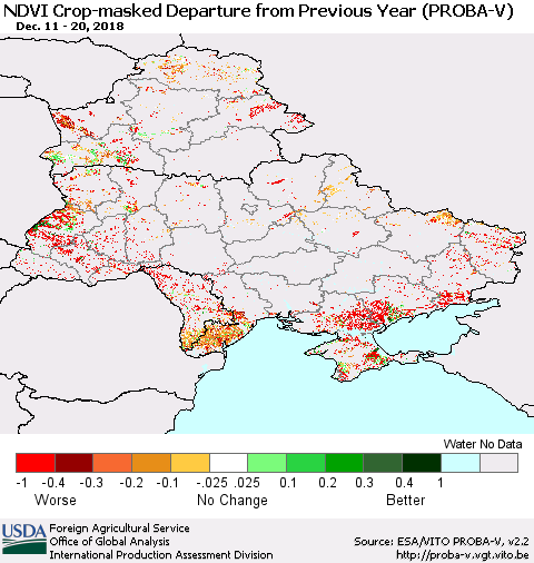 Ukraine, Moldova and Belarus NDVI Crop-masked Departure from Previous Year (PROBA-V) Thematic Map For 12/11/2018 - 12/20/2018