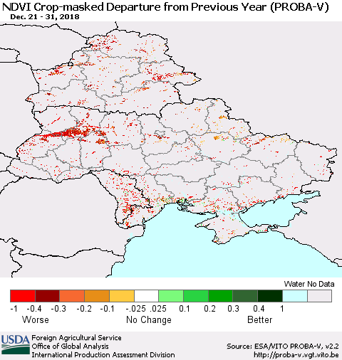 Ukraine, Moldova and Belarus NDVI Crop-masked Departure from Previous Year (PROBA-V) Thematic Map For 12/21/2018 - 12/31/2018