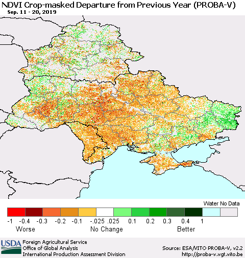 Ukraine, Moldova and Belarus NDVI Crop-masked Departure from Previous Year (PROBA-V) Thematic Map For 9/11/2019 - 9/20/2019
