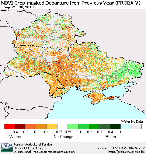 Ukraine, Moldova and Belarus NDVI Crop-masked Departure from Previous Year (PROBA-V) Thematic Map For 9/21/2019 - 9/30/2019