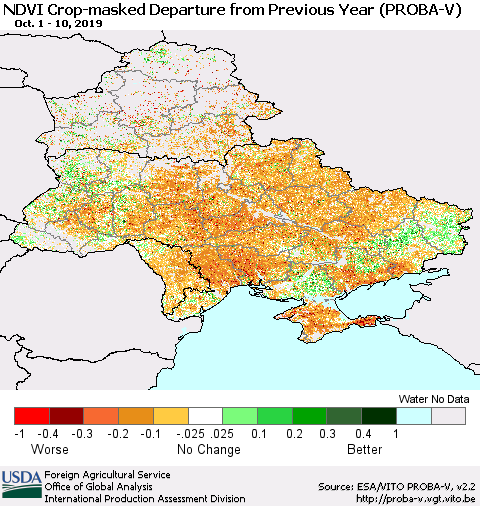 Ukraine, Moldova and Belarus NDVI Crop-masked Departure from Previous Year (PROBA-V) Thematic Map For 10/1/2019 - 10/10/2019