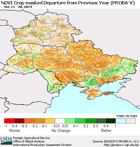 Ukraine, Moldova and Belarus NDVI Crop-masked Departure from Previous Year (PROBA-V) Thematic Map For 10/11/2019 - 10/20/2019