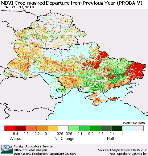 Ukraine, Moldova and Belarus NDVI Crop-masked Departure from Previous Year (PROBA-V) Thematic Map For 10/21/2019 - 10/31/2019