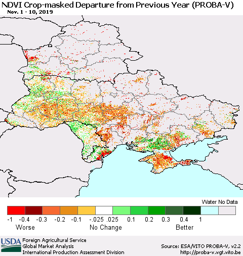 Ukraine, Moldova and Belarus NDVI Crop-masked Departure from Previous Year (PROBA-V) Thematic Map For 11/1/2019 - 11/10/2019