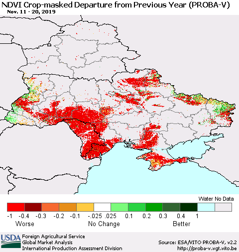 Ukraine, Moldova and Belarus NDVI Crop-masked Departure from Previous Year (PROBA-V) Thematic Map For 11/11/2019 - 11/20/2019