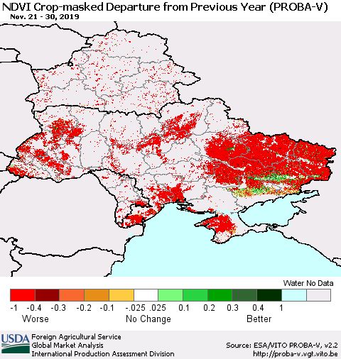 Ukraine, Moldova and Belarus NDVI Crop-masked Departure from Previous Year (PROBA-V) Thematic Map For 11/21/2019 - 11/30/2019