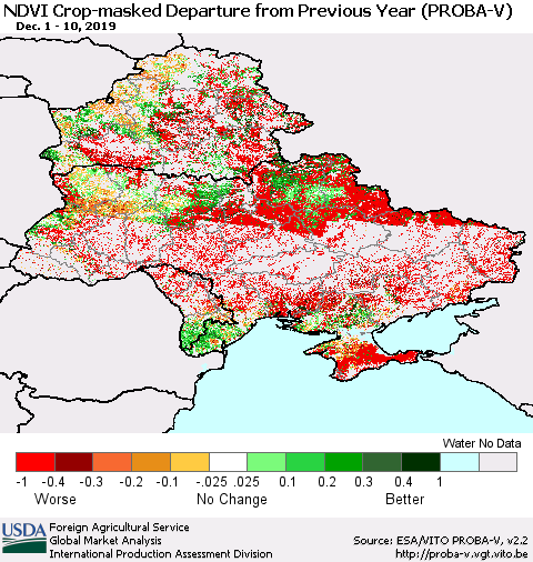 Ukraine, Moldova and Belarus NDVI Crop-masked Departure from Previous Year (PROBA-V) Thematic Map For 12/1/2019 - 12/10/2019