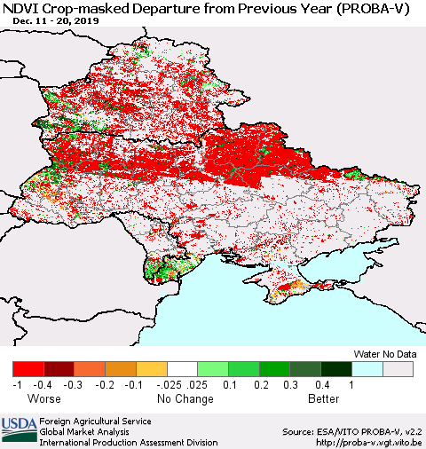Ukraine, Moldova and Belarus NDVI Crop-masked Departure from Previous Year (PROBA-V) Thematic Map For 12/11/2019 - 12/20/2019