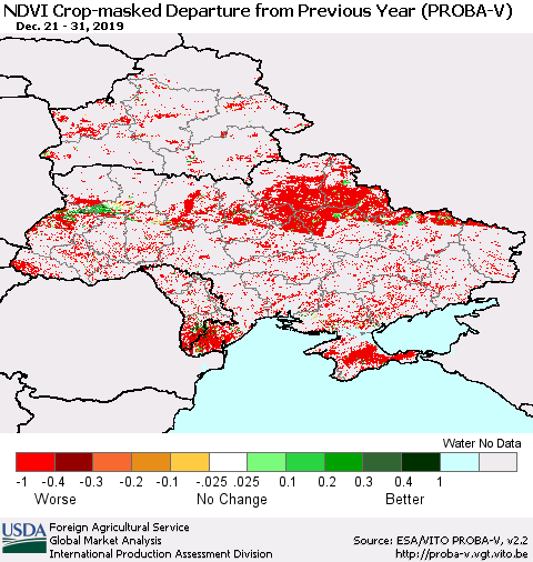 Ukraine, Moldova and Belarus NDVI Crop-masked Departure from Previous Year (PROBA-V) Thematic Map For 12/21/2019 - 12/31/2019