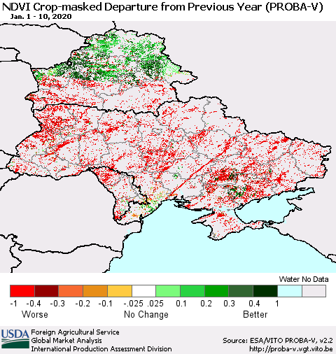 Ukraine, Moldova and Belarus NDVI Crop-masked Departure from Previous Year (PROBA-V) Thematic Map For 1/1/2020 - 1/10/2020