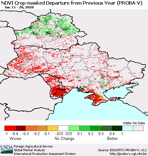 Ukraine, Moldova and Belarus NDVI Crop-masked Departure from Previous Year (PROBA-V) Thematic Map For 1/11/2020 - 1/20/2020