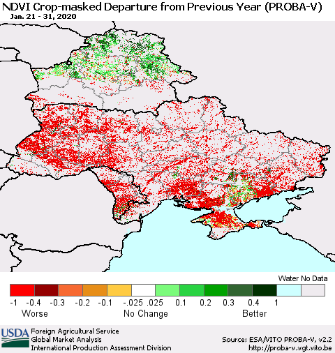 Ukraine, Moldova and Belarus NDVI Crop-masked Departure from Previous Year (PROBA-V) Thematic Map For 1/21/2020 - 1/31/2020