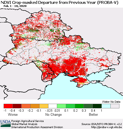 Ukraine, Moldova and Belarus NDVI Crop-masked Departure from Previous Year (PROBA-V) Thematic Map For 2/1/2020 - 2/10/2020