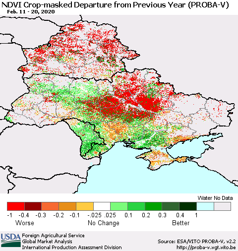 Ukraine, Moldova and Belarus NDVI Crop-masked Departure from Previous Year (PROBA-V) Thematic Map For 2/11/2020 - 2/20/2020
