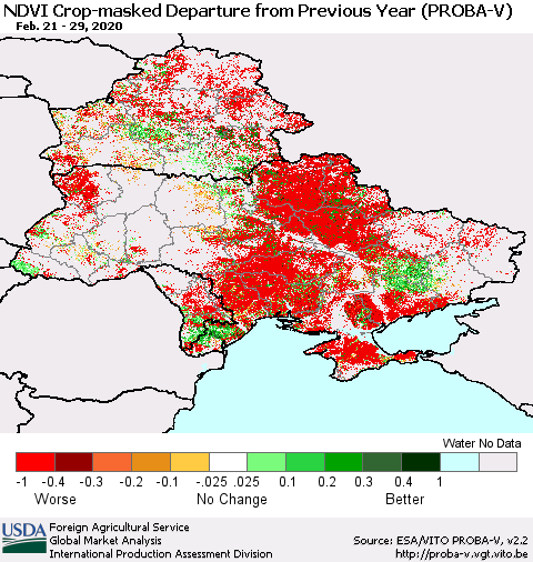 Ukraine, Moldova and Belarus NDVI Crop-masked Departure from Previous Year (PROBA-V) Thematic Map For 2/21/2020 - 2/29/2020