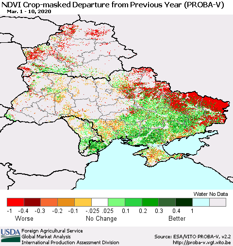 Ukraine, Moldova and Belarus NDVI Crop-masked Departure from Previous Year (PROBA-V) Thematic Map For 3/1/2020 - 3/10/2020