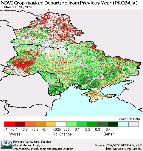 Ukraine, Moldova and Belarus NDVI Crop-masked Departure from Previous Year (PROBA-V) Thematic Map For 3/11/2020 - 3/20/2020